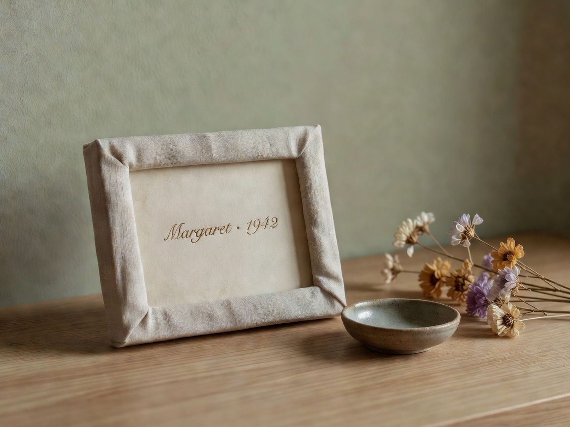 A quiet remembrance keepsake — a cream frame with a name and year, dried flowers, and a small ceramic bowl on a wooden table