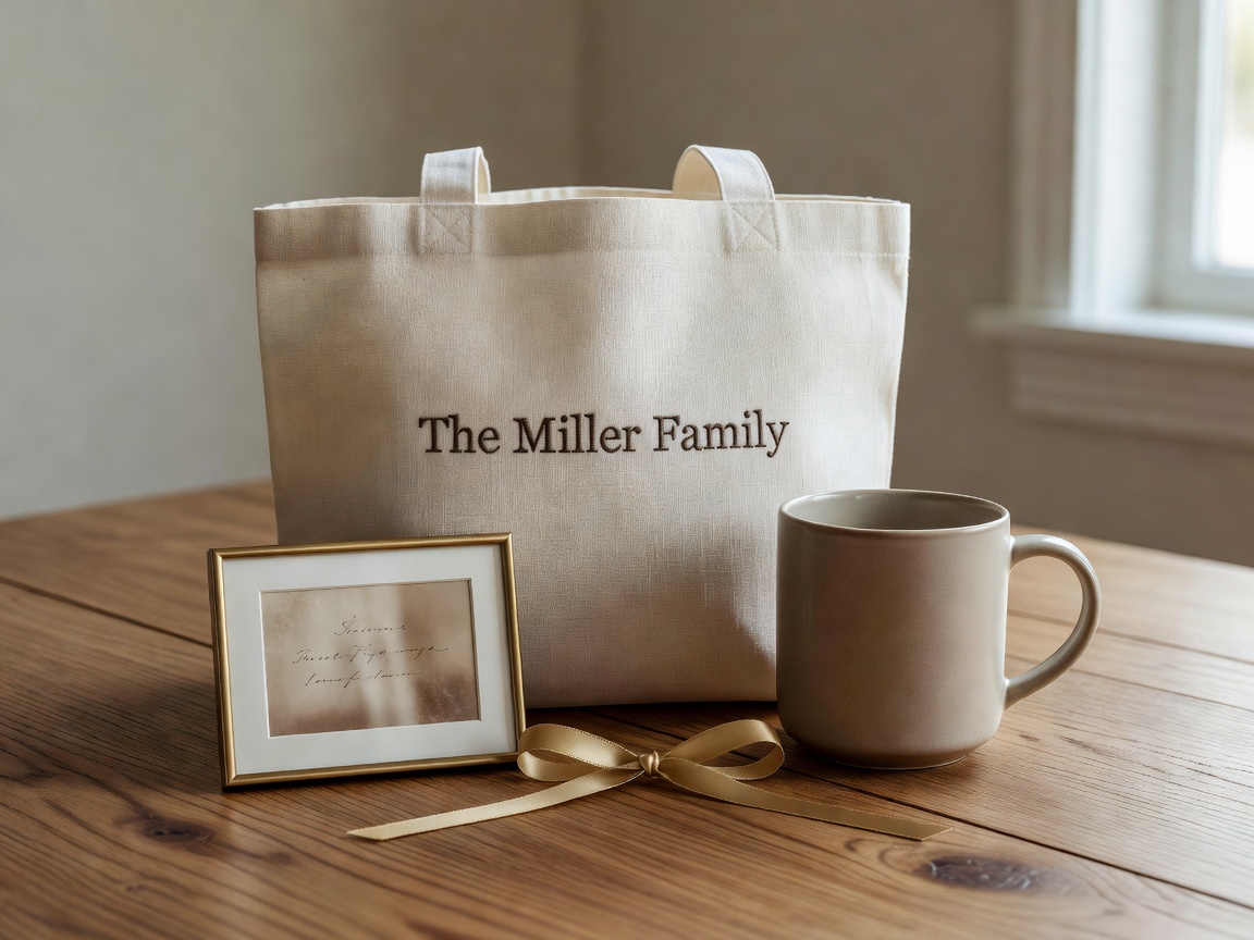 A Forever Happy family set — a tote with The Miller Family, a keepsake mug, and a framed memento gathered on a wooden table by a window